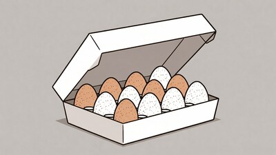 Open egg carton with white and brown eggs