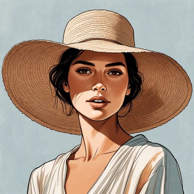 Woman wearing wide-brim straw hat