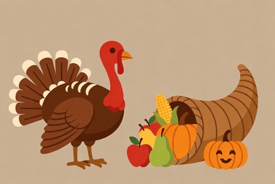 Turkey with cornucopia and harvest fruits