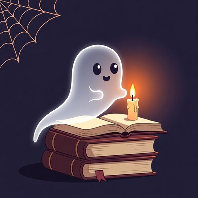 Cute ghost reading books by candlelight