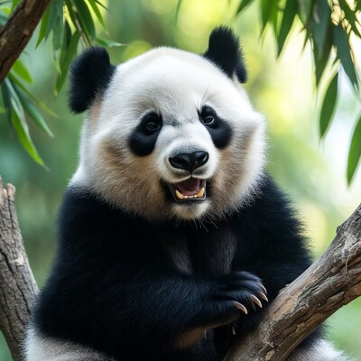 Panda smiling on tree branch