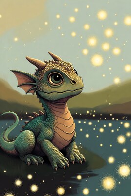 Cute baby dragon by lake