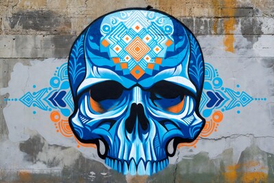 Blue Ornate Skull Graffiti on Concrete Wall