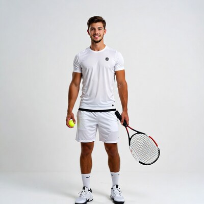 Muscular man holding tennis racket and ball
