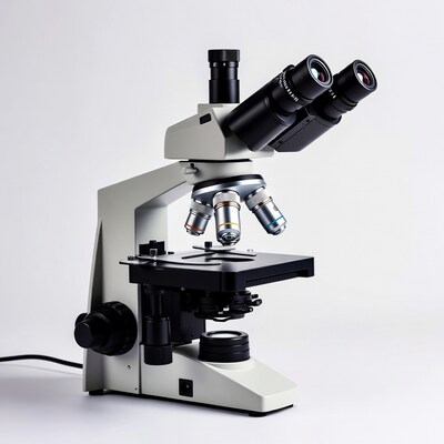 Modern compound microscope on white background