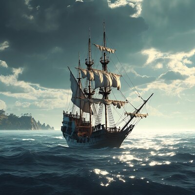 Sailing Ship in Stormy Ocean