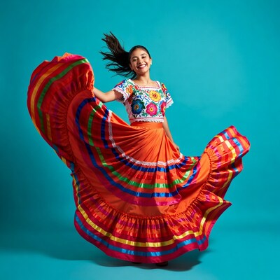 Latina woman dancing in colorful Mexican dress