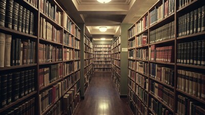 Long library aisle with bookshelves