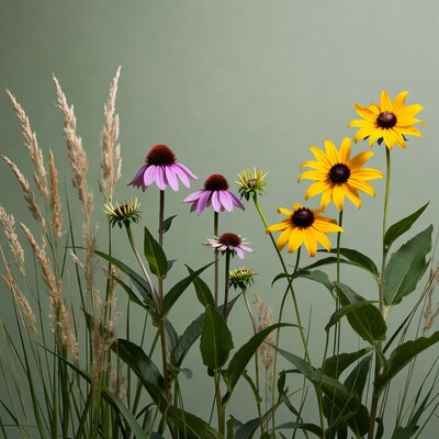 Purple and yellow coneflowers with grass