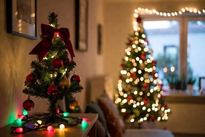 Small lit Christmas tree on table