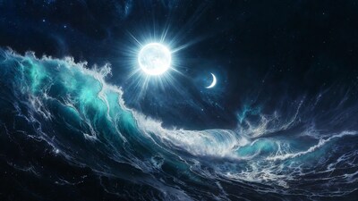 Ocean Waves with Full Moon and Crescent