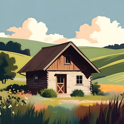 Log cabin in green valley
