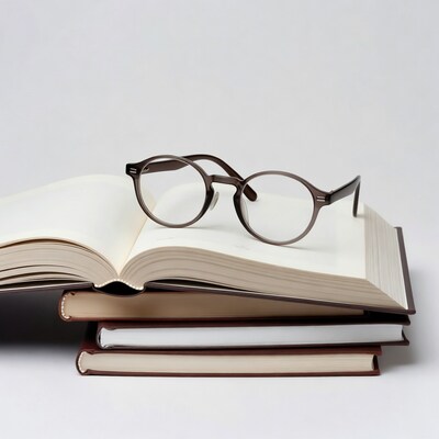 Glasses on open book stack