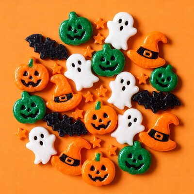 Halloween Candy Sprinkles on Orange Background