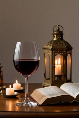 Red wine glass with lantern and book