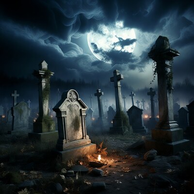 Spooky graveyard under full moon