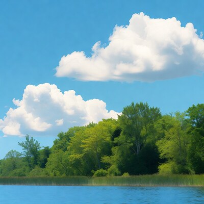 Lake with reeds, trees, clouds