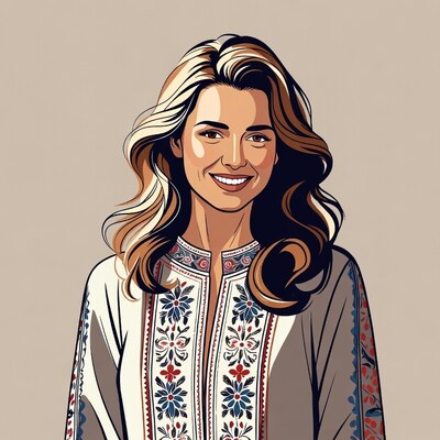 Smiling woman in embroidered blouse