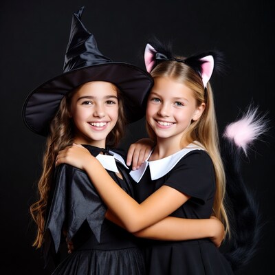 Girls in witch and cat costumes hugging