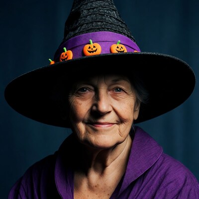 Elderly woman in witch hat smiling