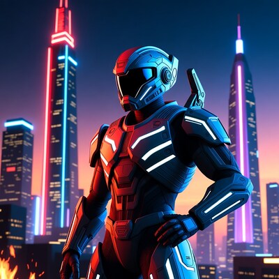 Cyberpunk Armored Soldier in Neon City
