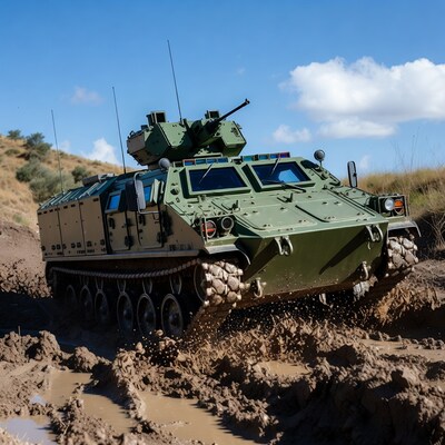 Green armored vehicle in mud