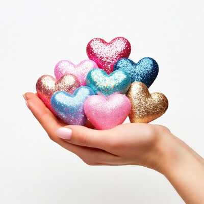 Hand holding colorful glitter hearts