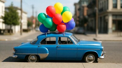 Blue vintage car with colorful balloons
