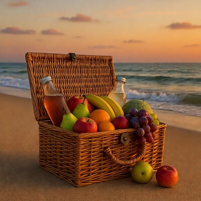 Picnic Basket with Fruits on Beach