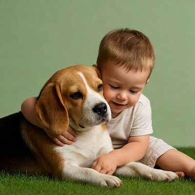 Boy hugging beagle dog