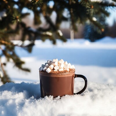 Hot chocolate with marshmallows in snow