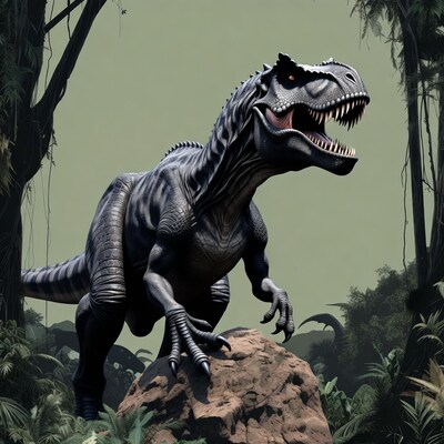 Roaring T-Rex on rock in jungle