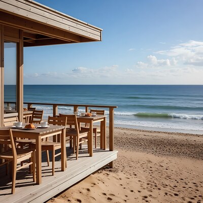 Beachside deck with croissants and coffee