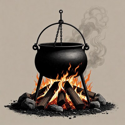 Black cauldron over campfire illustration