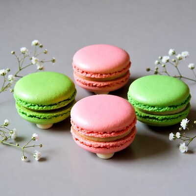Pink and Green Macarons with Baby's Breath