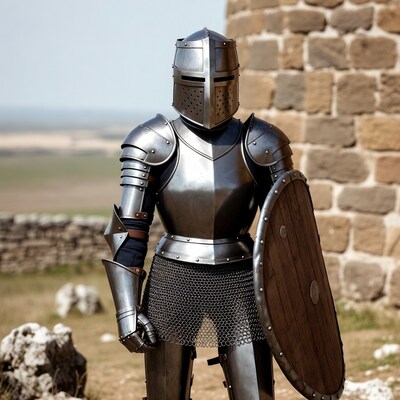 Knight in full armor holding shield