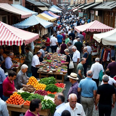 Busy Outdoor Market with Fresh Produce