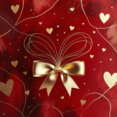 Golden Bow on Red Heart Background