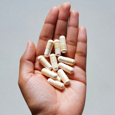 Hand holding white capsules