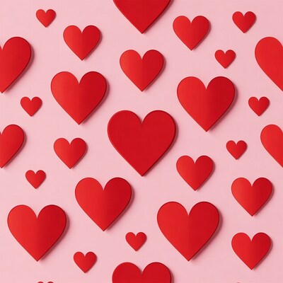 Red paper hearts on pink background