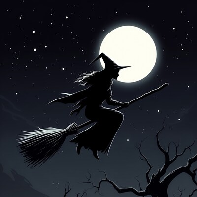 Witch flying on broomstick silhouette