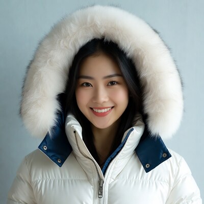 Asian woman smiling in white fur hood jacket
