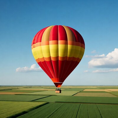 Red hot air balloon over fields