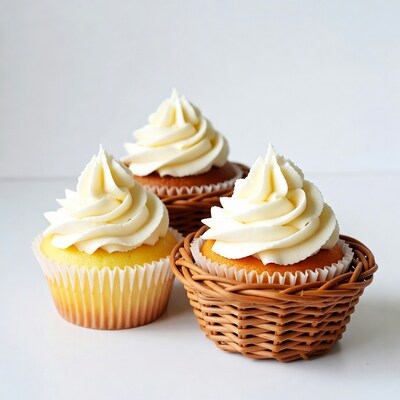 Cupcakes with white frosting in basket