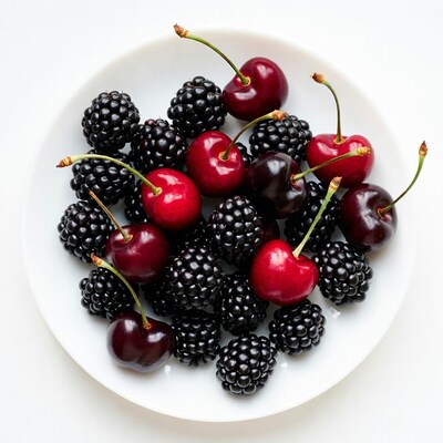 Blackberries and Cherries on White Plate