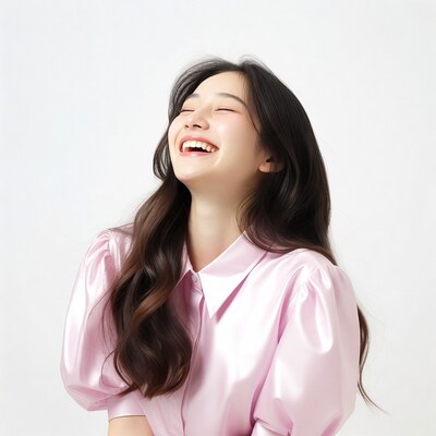 Asian woman laughing with head tilted back
