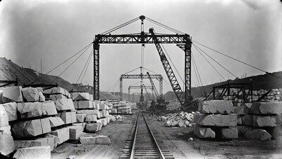 Vintage Cranes Lifting Stone Blocks Quarry