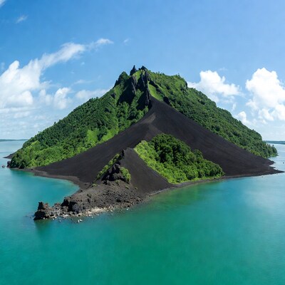 Green Volcanic Island in Turquoise Lagoon