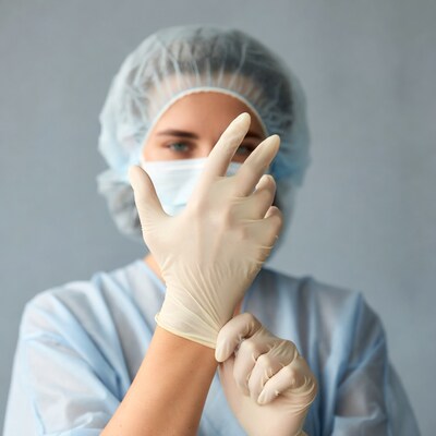 Female nurse putting on gloves