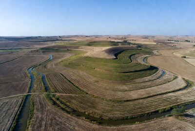 Aerial view of terraced farmland with river
